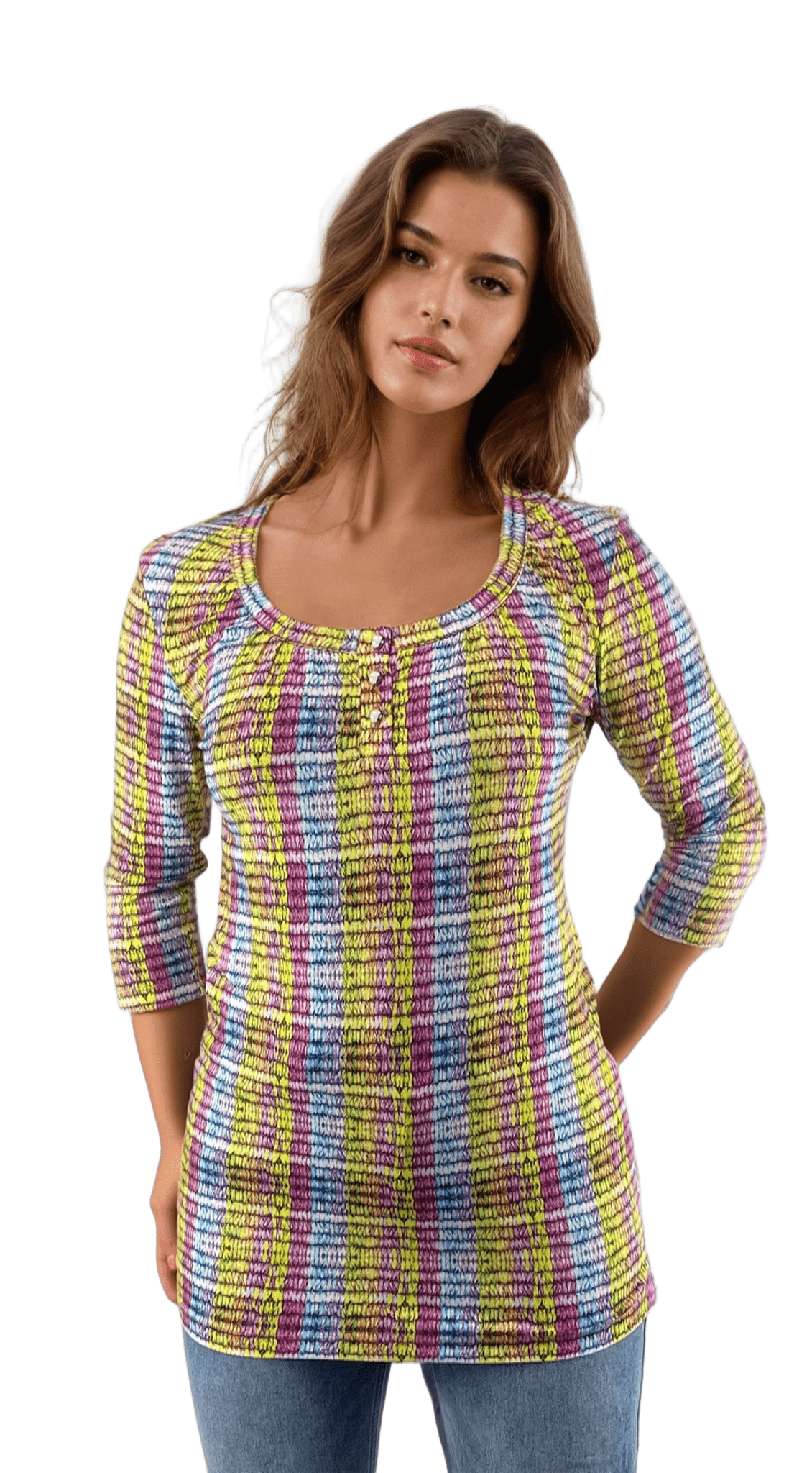 Tunica da donna - T-shirt con maniche a 3/4, scollo tondo e bottoni