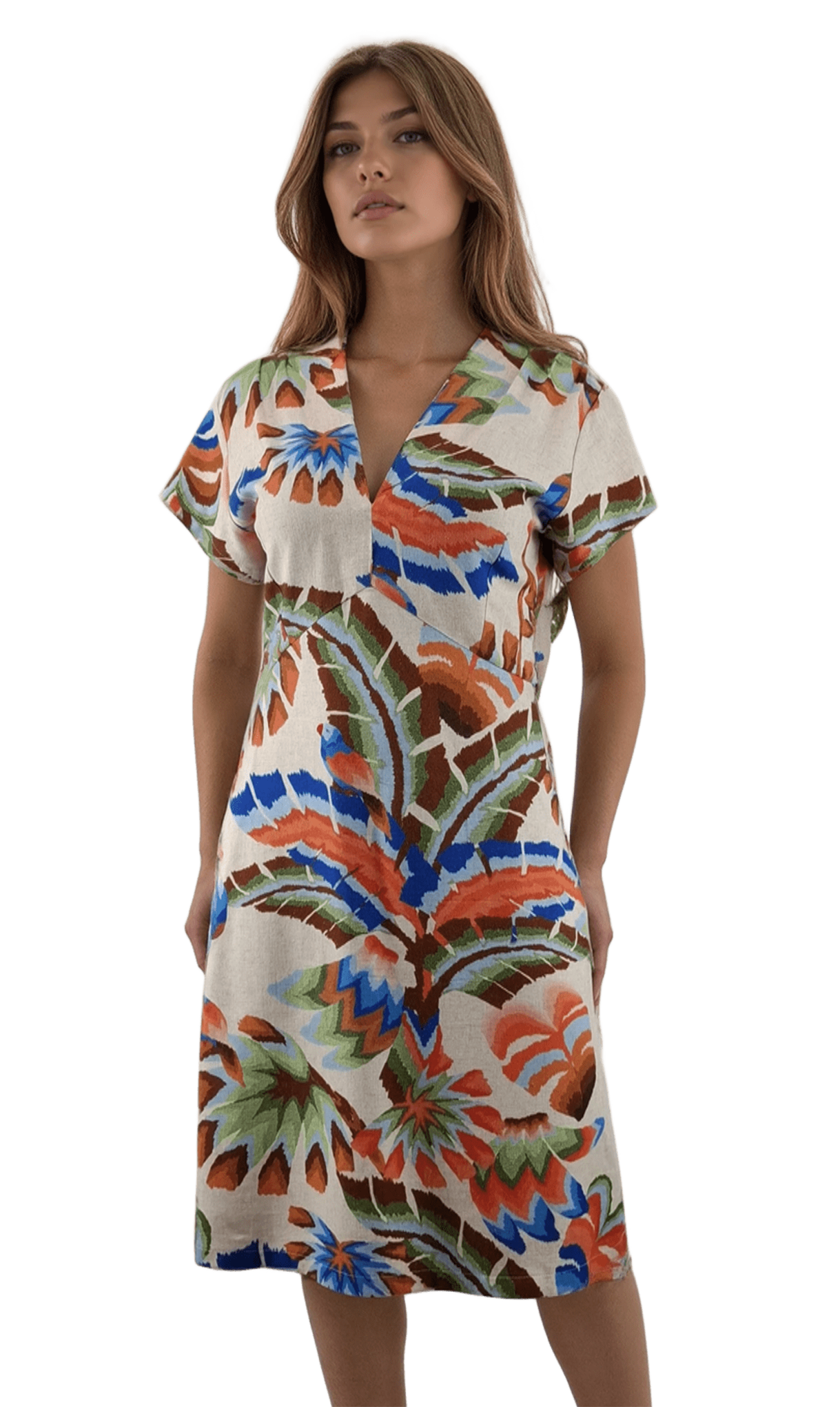 Abito da donna in lino con maniche corte e scollatura a V